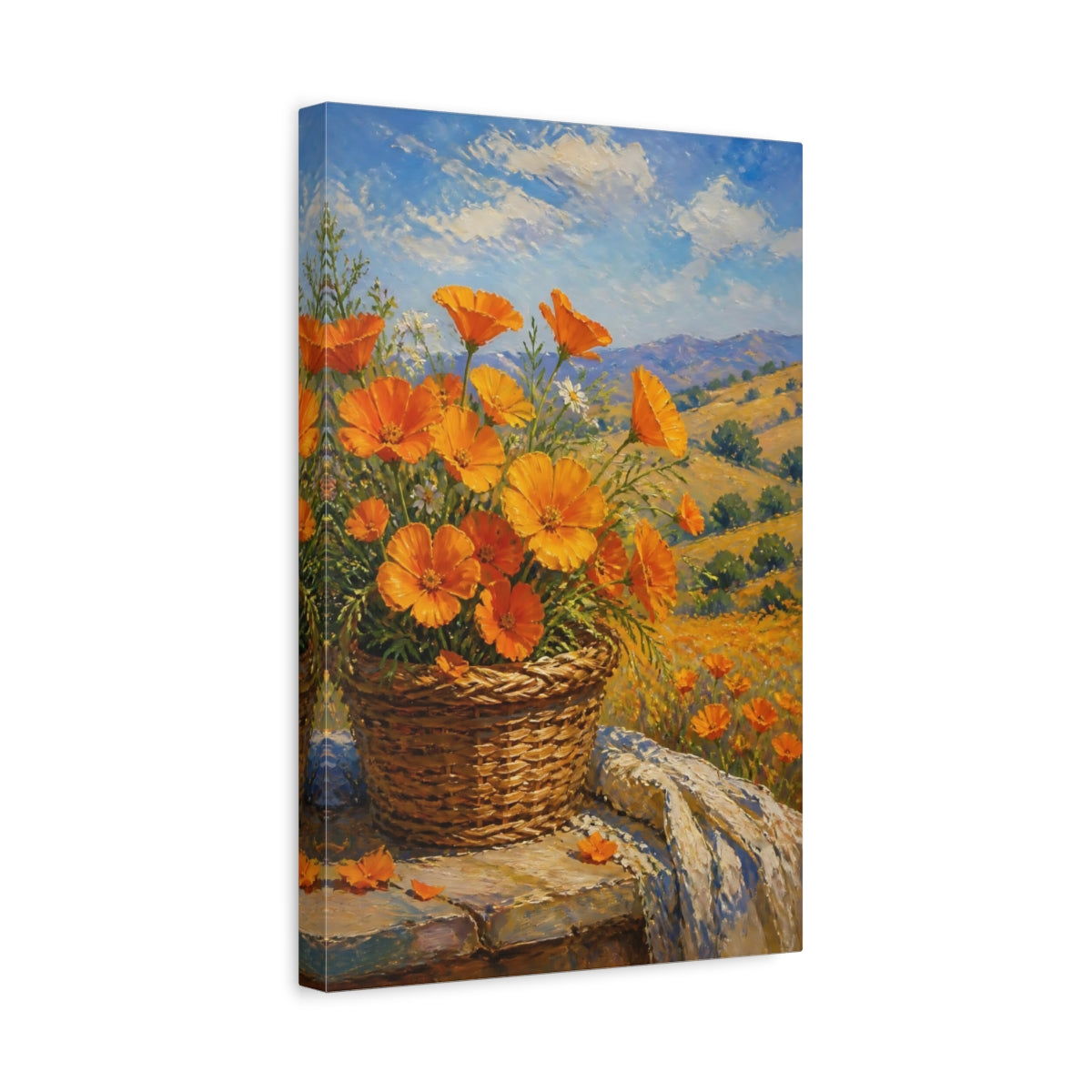 Side Mockup 4. Floral Orange Poppies Orange Poppies shown as stretched canvas wall art