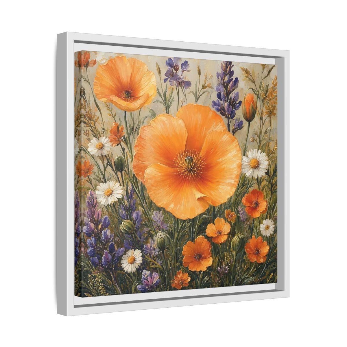 Side Mockup 28. Floral Orange Poppies Orange Floral Field shown as stretched canvas wall art