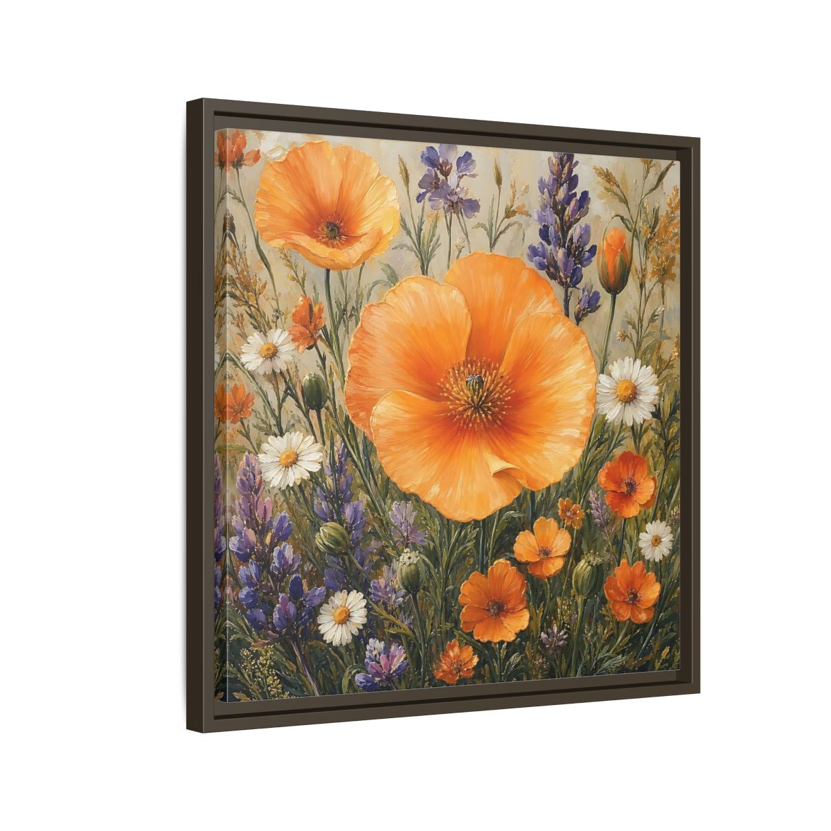 Side Mockup 11. Floral Orange Poppies Orange Floral Field shown as stretched canvas wall art