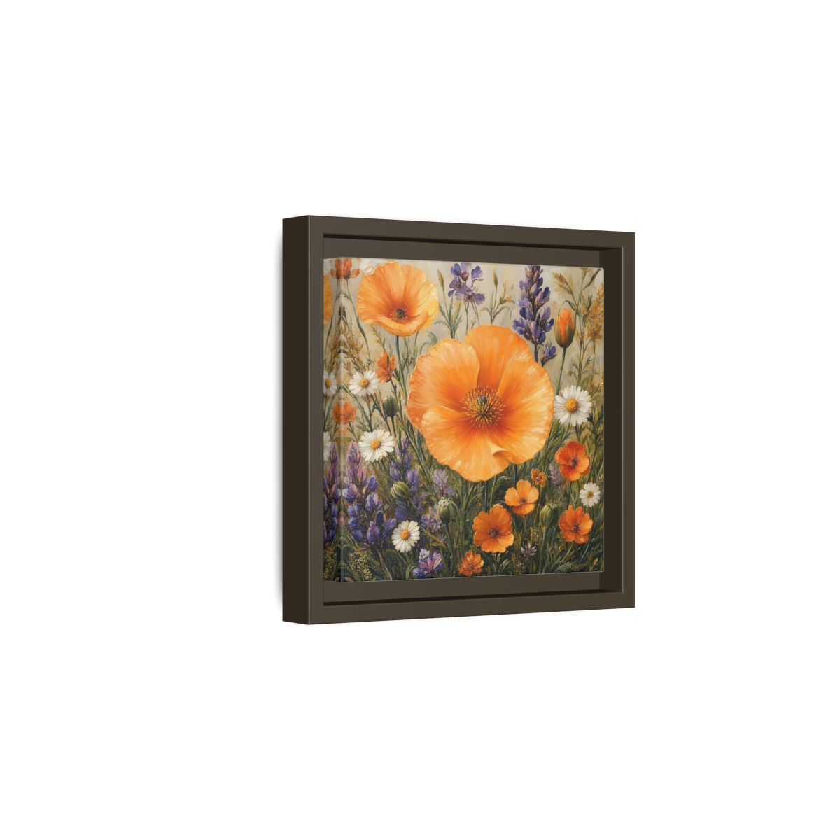 Side Mockup 2. Floral Orange Poppies Orange Floral Field shown as stretched canvas wall art