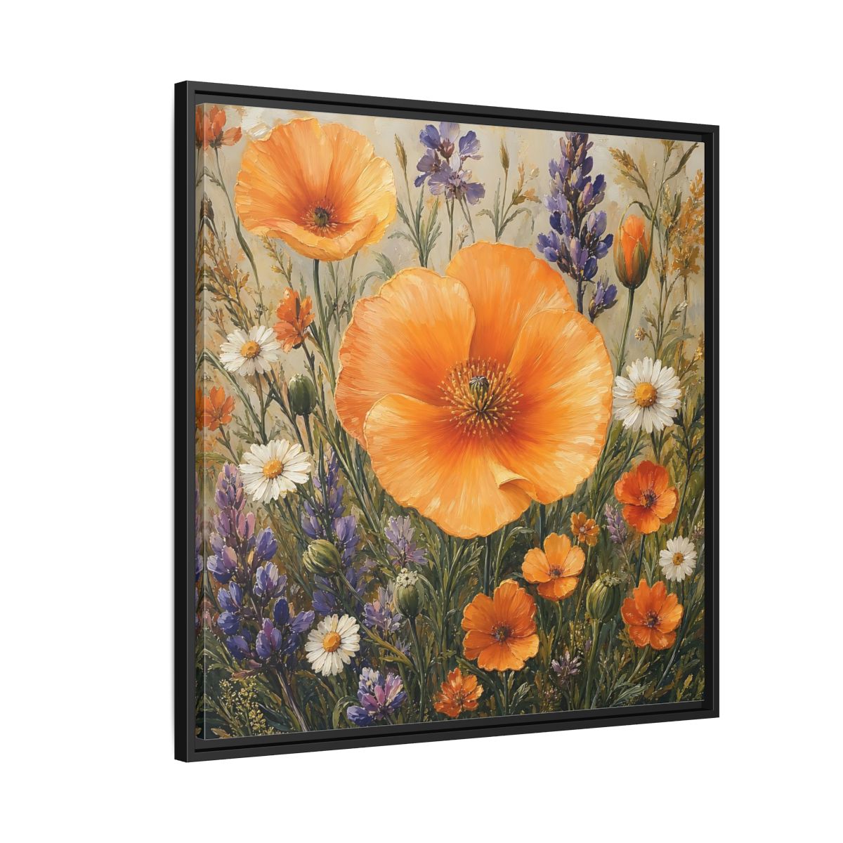 Side Mockup 9. Floral Orange Poppies Orange Floral Field shown as stretched canvas wall art