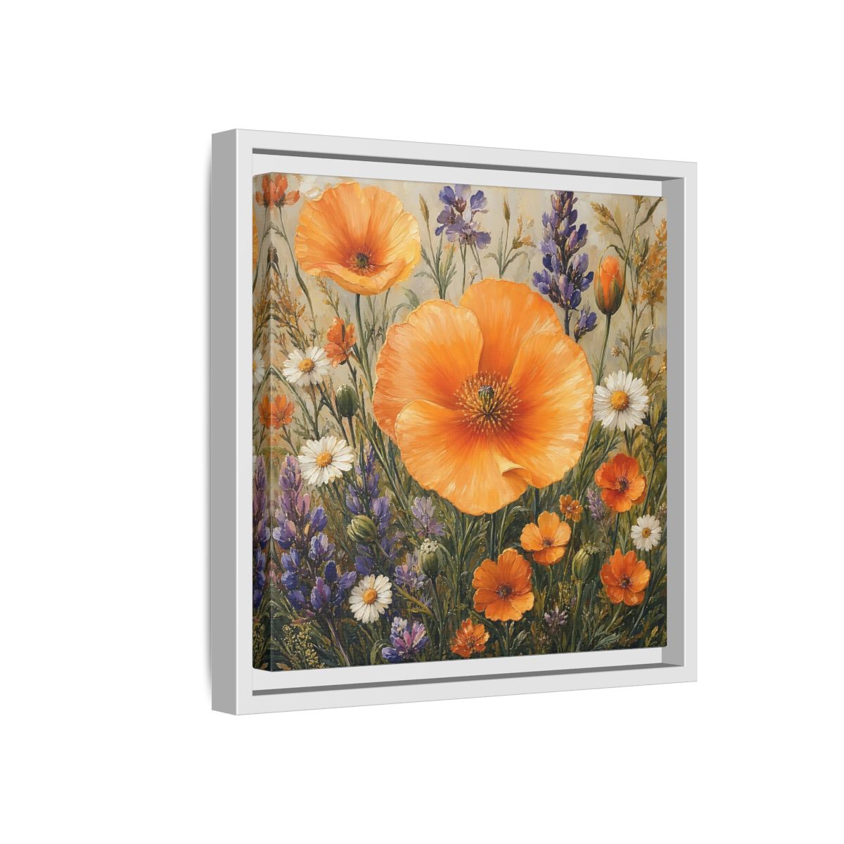 Side Mockup 16. Floral Orange Poppies Orange Floral Field shown as stretched canvas wall art