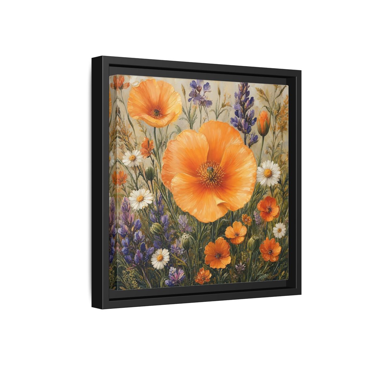Side Mockup 18. Floral Orange Poppies Orange Floral Field shown as stretched canvas wall art