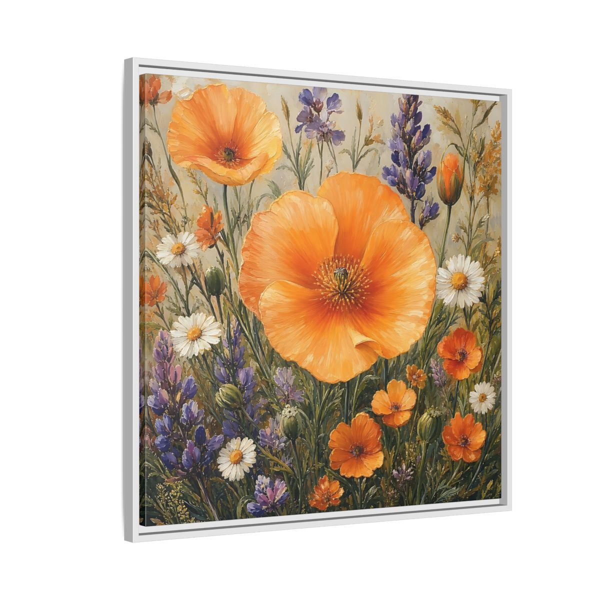 Side Mockup 7. Floral Orange Poppies Orange Floral Field shown as stretched canvas wall art