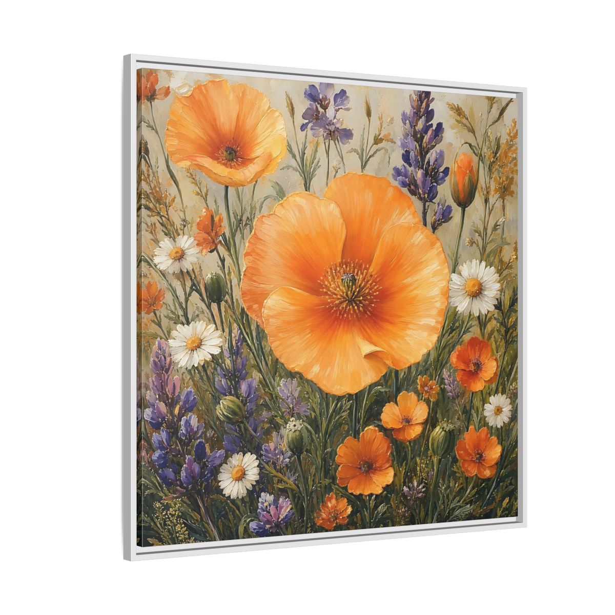 Side Mockup 4. Floral Orange Poppies Orange Floral Field shown as stretched canvas wall art