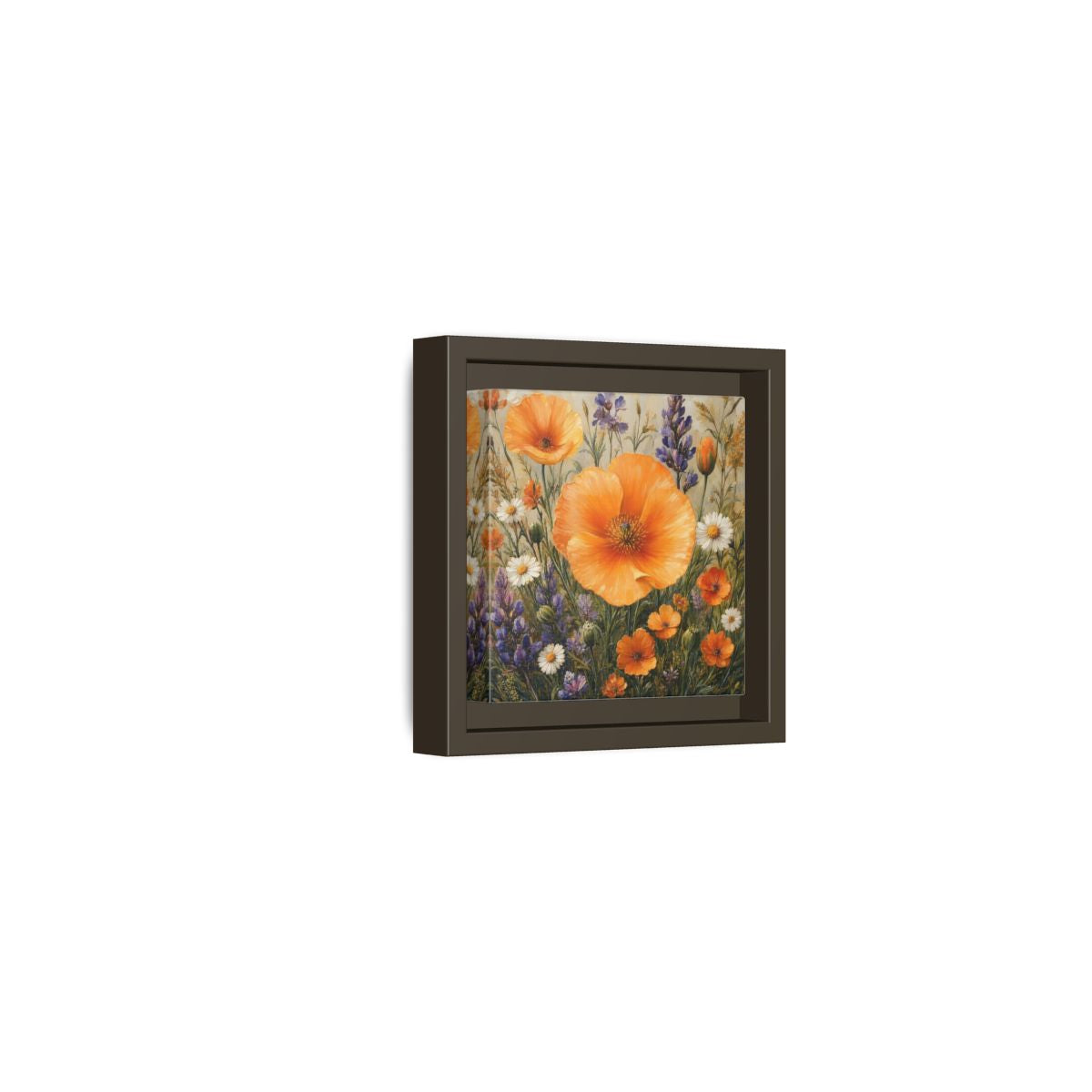Side Mockup 23. Floral Orange Poppies Orange Floral Field shown as stretched canvas wall art