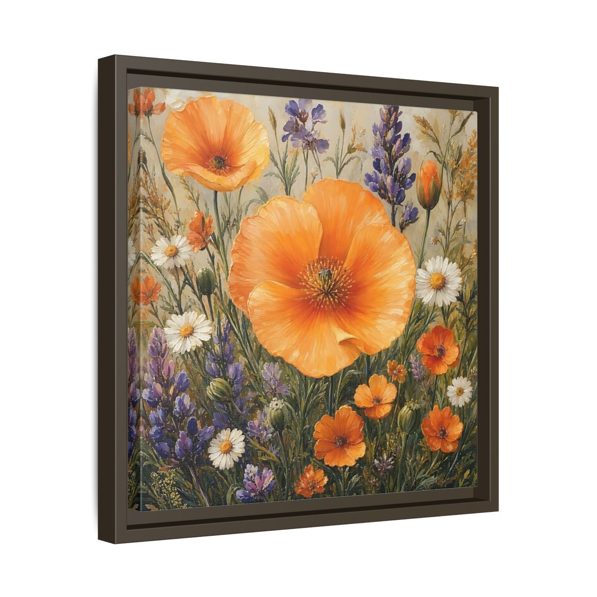 Side Mockup 29. Floral Orange Poppies Orange Floral Field shown as stretched canvas wall art