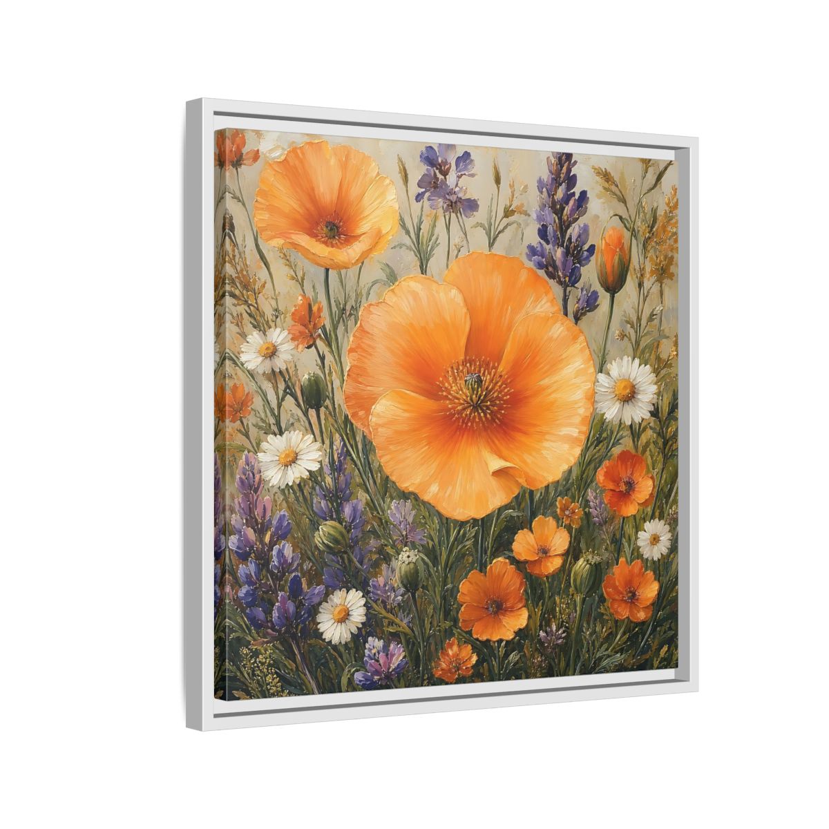Side Mockup 10. Floral Orange Poppies Orange Floral Field shown as stretched canvas wall art