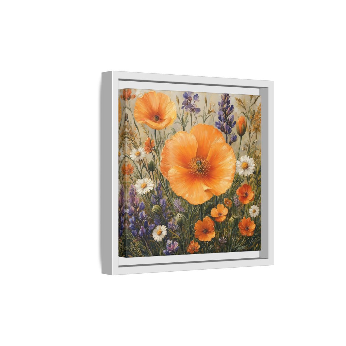 Side Mockup 19. Floral Orange Poppies Orange Floral Field shown as stretched canvas wall art