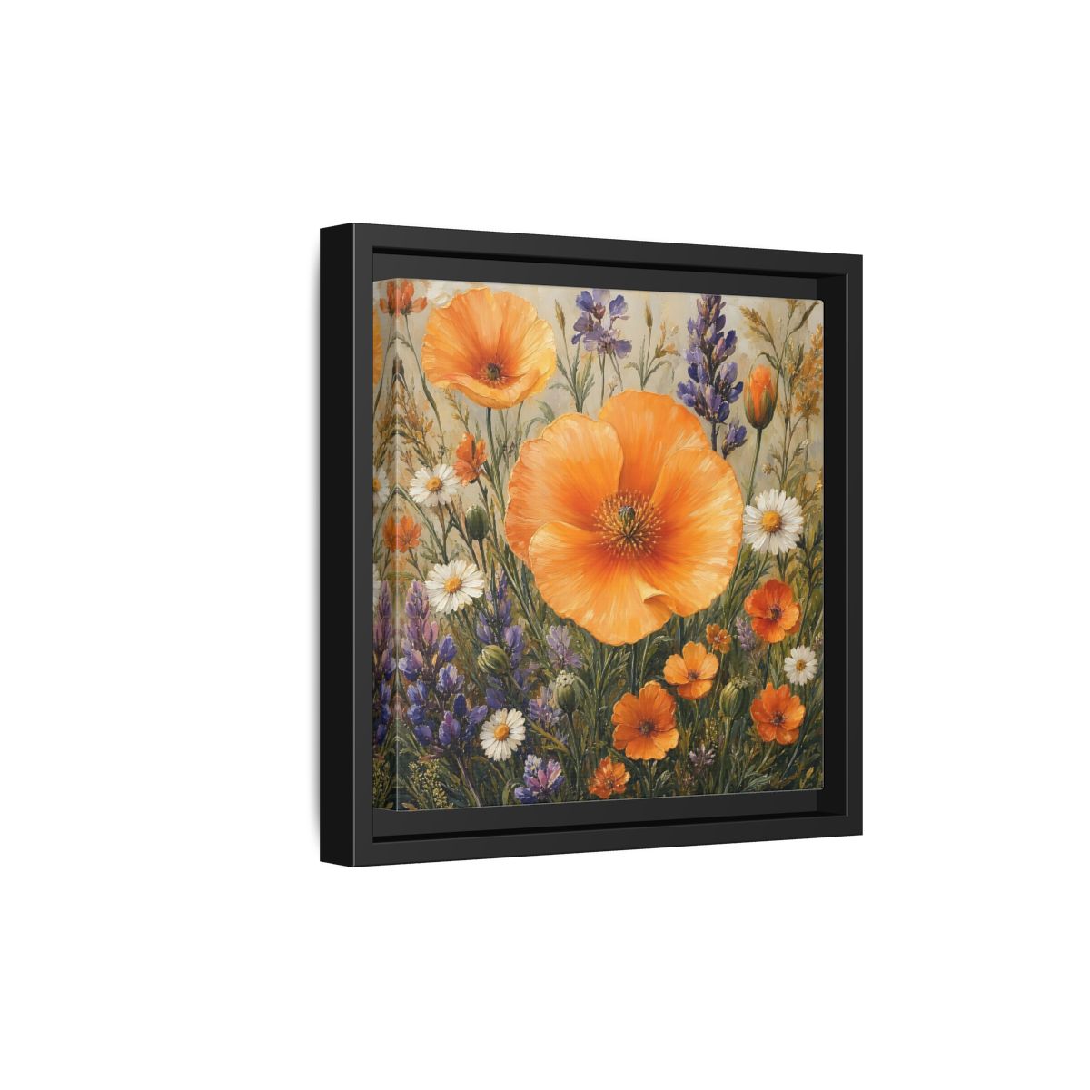 Side Mockup 21. Floral Orange Poppies Orange Floral Field shown as stretched canvas wall art