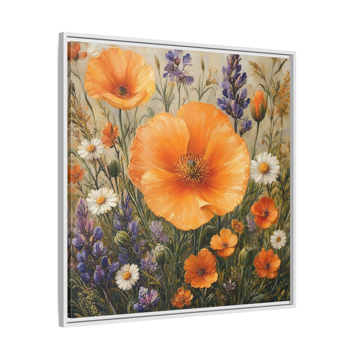 Side Mockup 25. Floral Orange Poppies Orange Floral Field shown as stretched canvas wall art