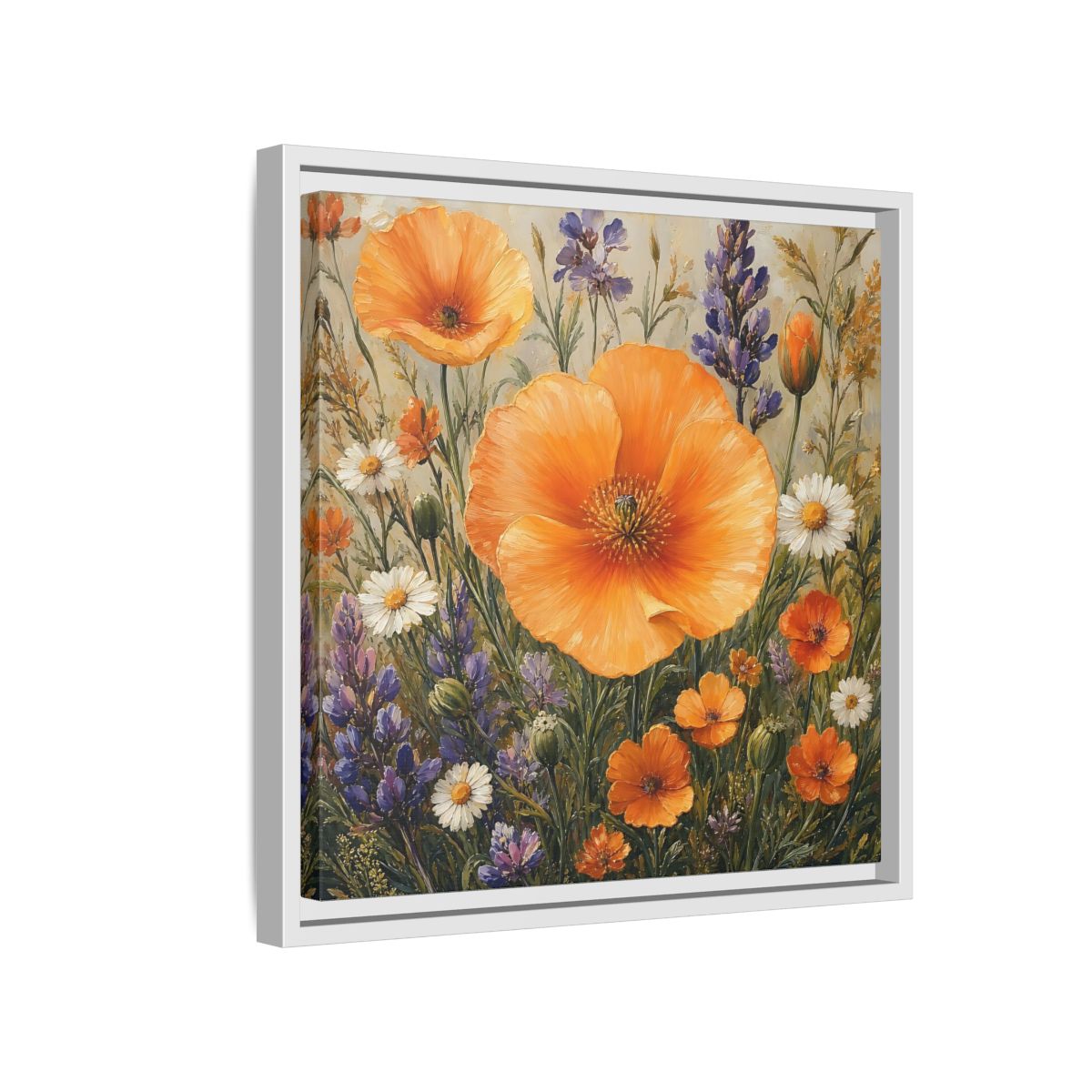 Side Mockup 13. Floral Orange Poppies Orange Floral Field shown as stretched canvas wall art