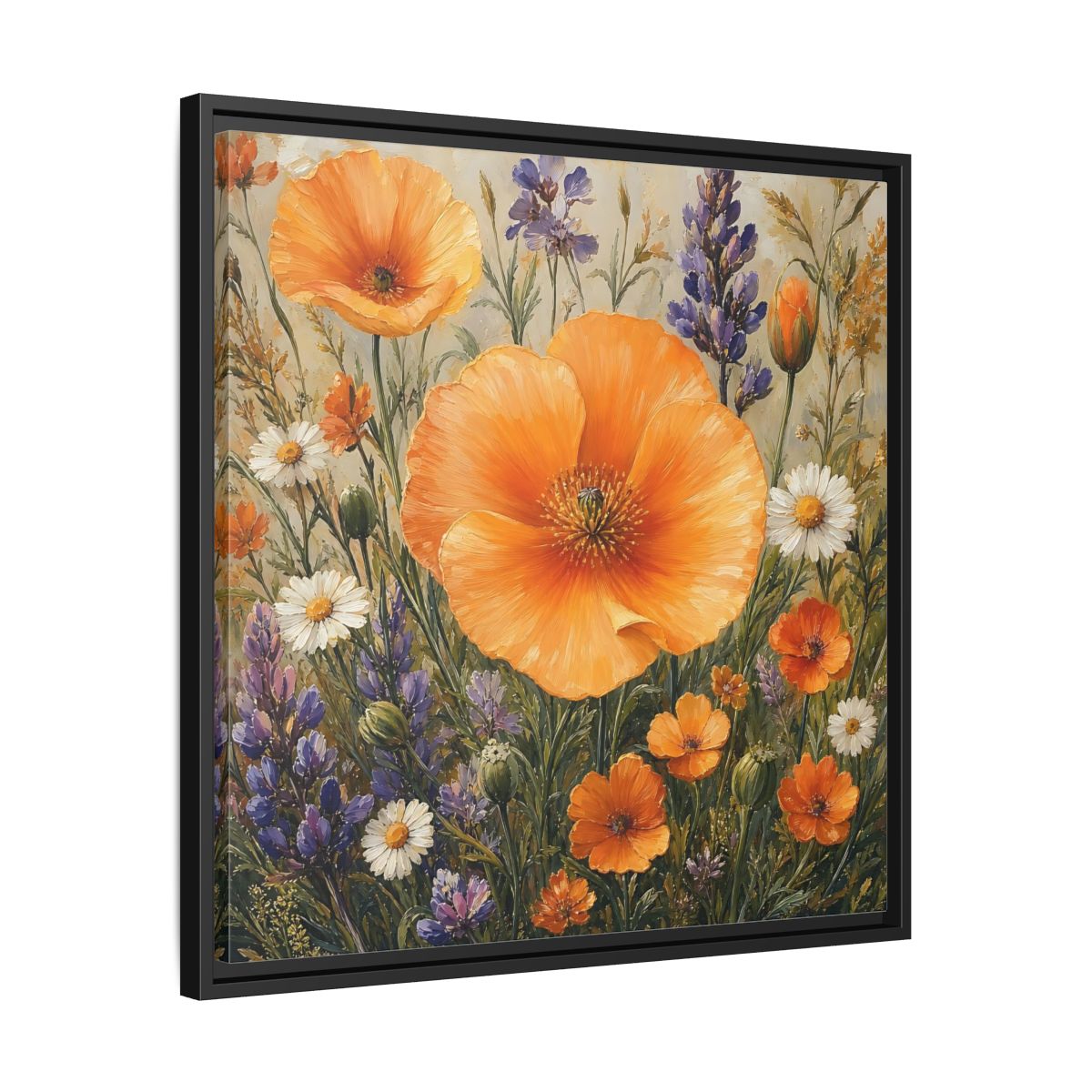 Side Mockup 31. Floral Orange Poppies Orange Floral Field shown as stretched canvas wall art