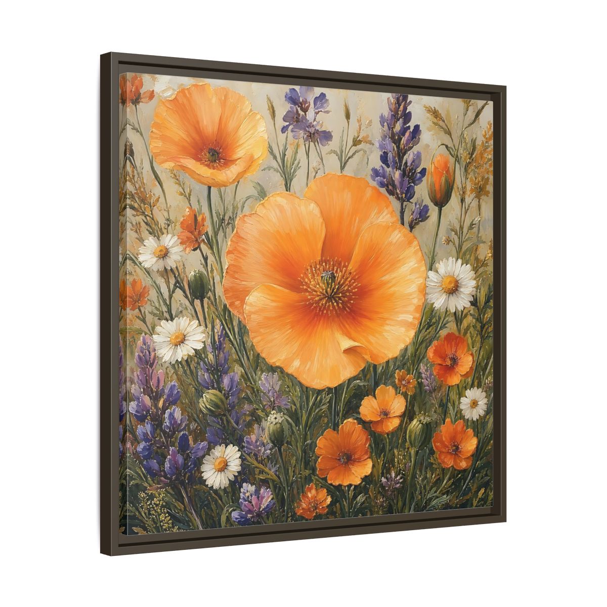 Side Mockup 27. Floral Orange Poppies Orange Floral Field shown as stretched canvas wall art