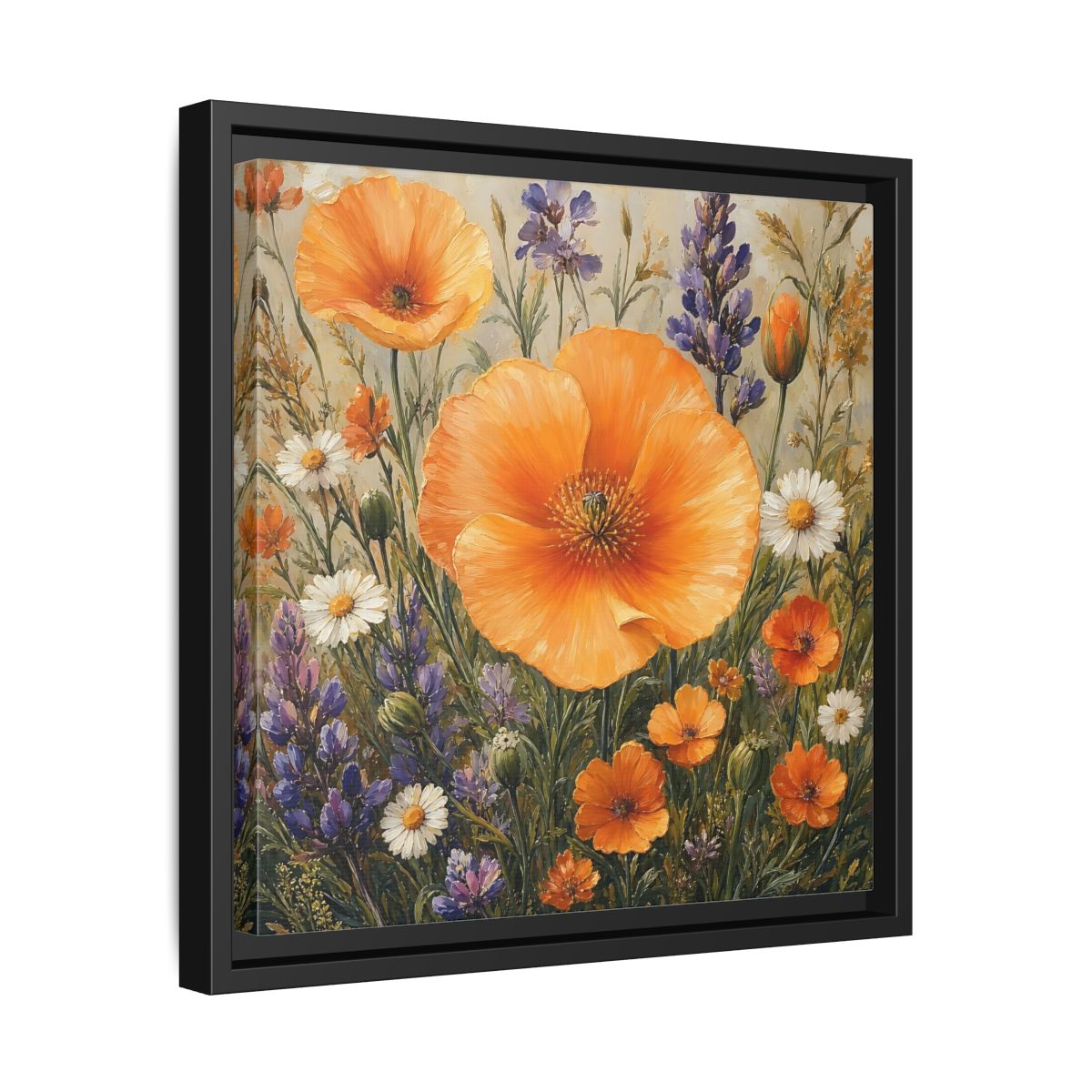 Side Mockup 32. Floral Orange Poppies Orange Floral Field shown as stretched canvas wall art