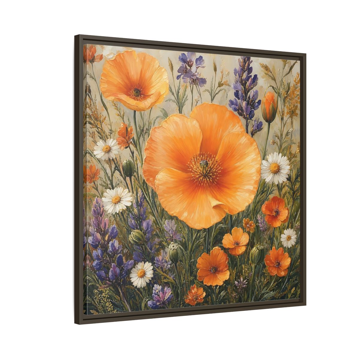 Side Mockup 8. Floral Orange Poppies Orange Floral Field shown as stretched canvas wall art
