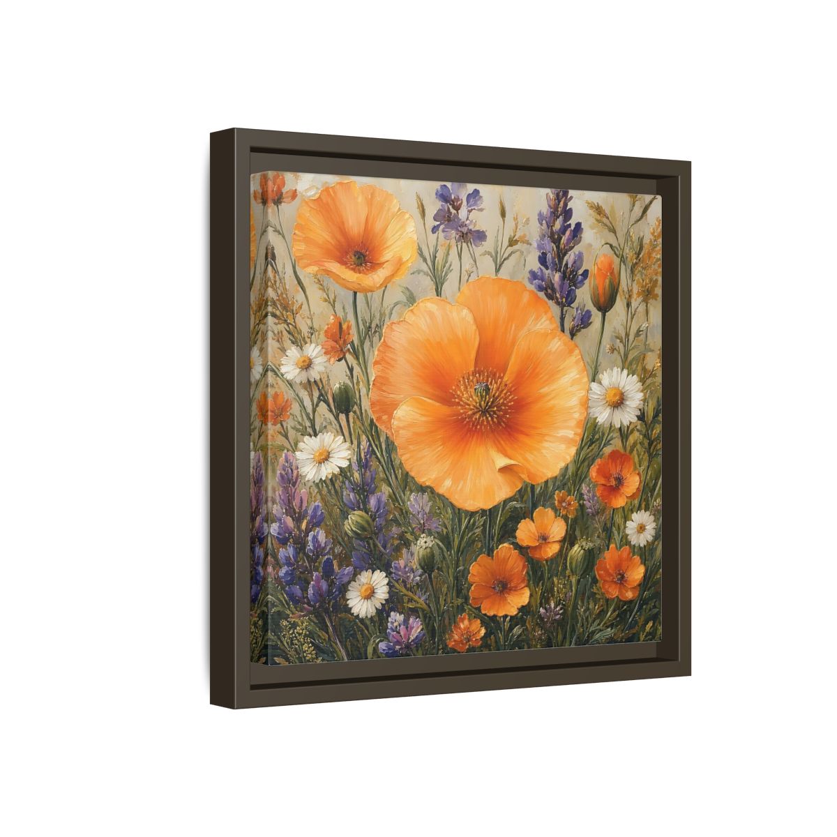 Side Mockup 17. Floral Orange Poppies Orange Floral Field shown as stretched canvas wall art