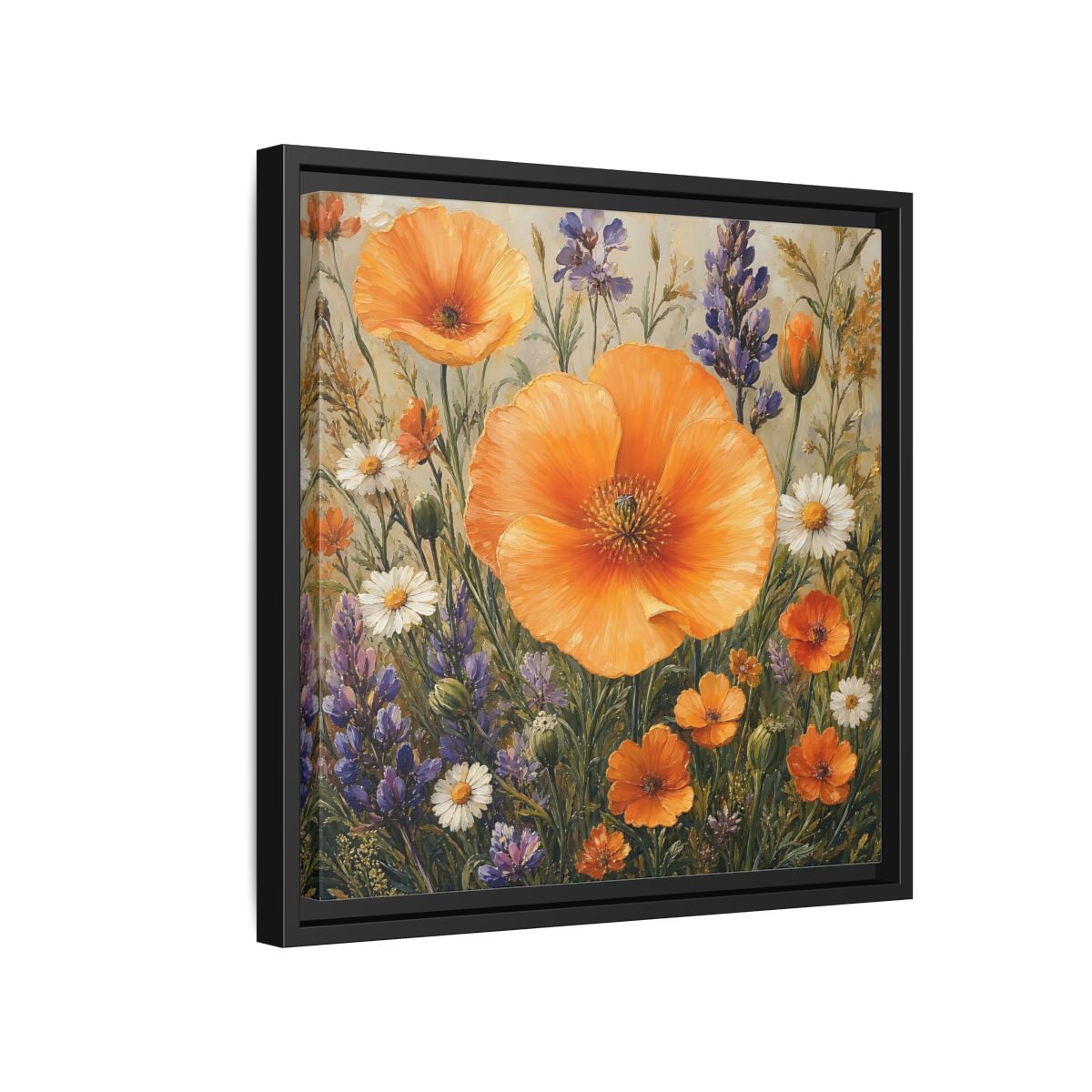 Side Mockup 15. Floral Orange Poppies Orange Floral Field shown as stretched canvas wall art