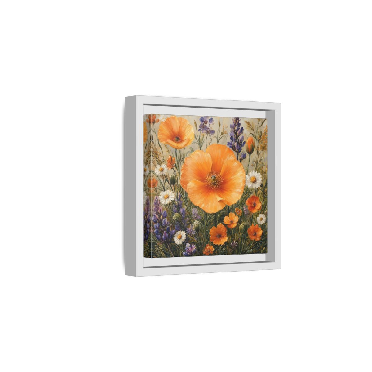 Side Mockup 1. Floral Orange Poppies Orange Floral Field shown as stretched canvas wall art