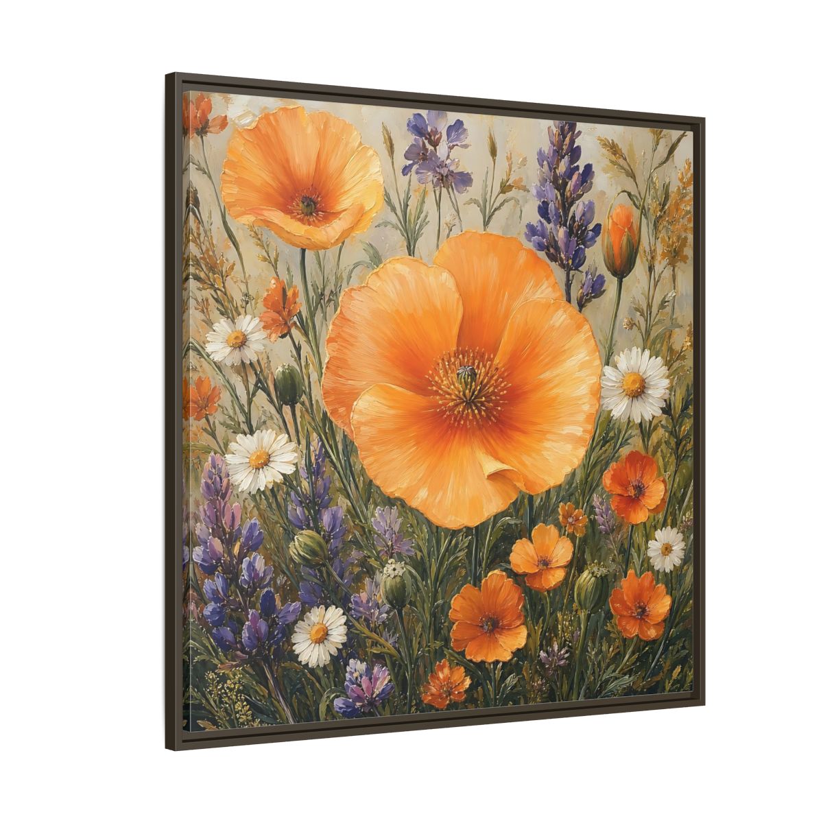Side Mockup 5. Floral Orange Poppies Orange Floral Field shown as stretched canvas wall art