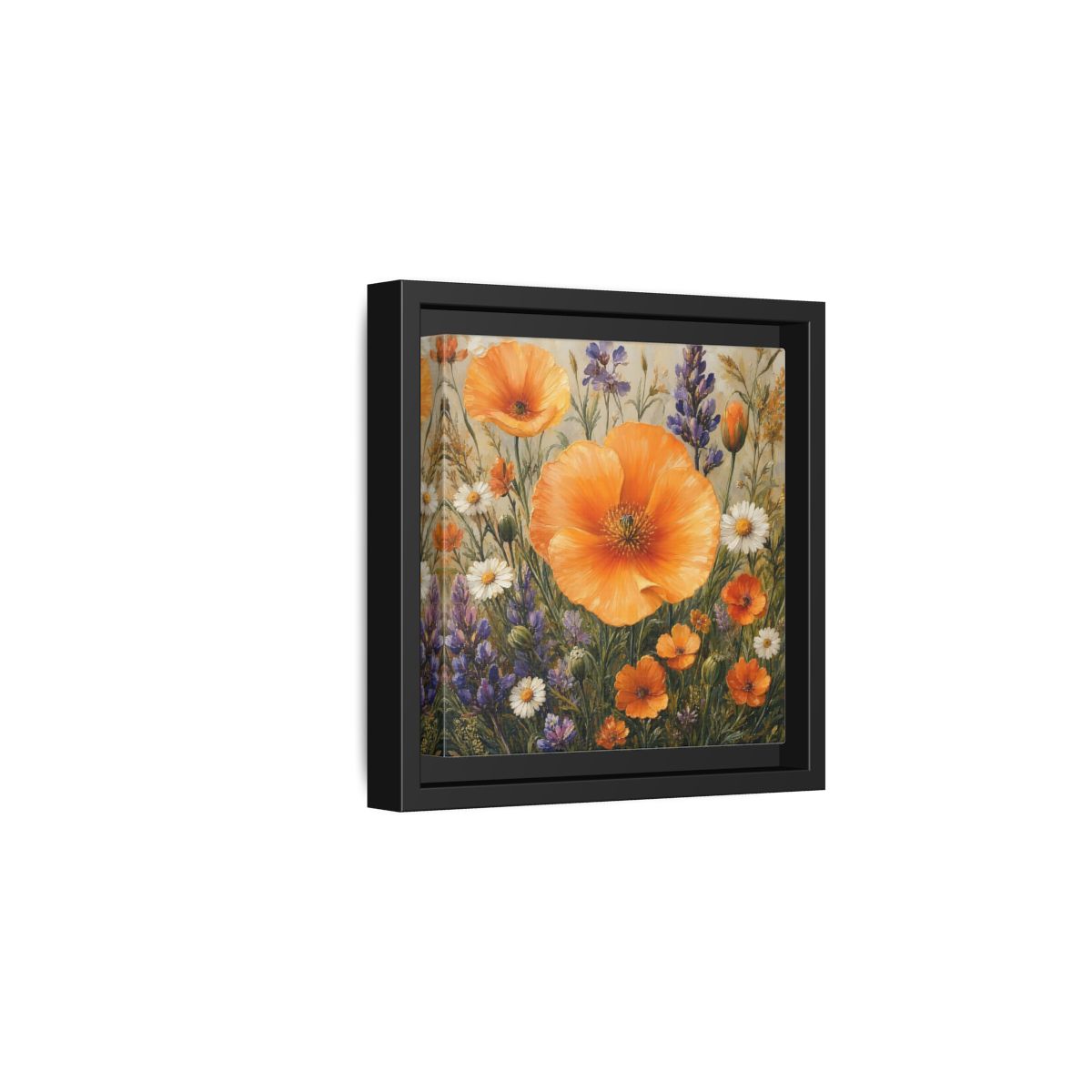 Side Mockup 3. Floral Orange Poppies Orange Floral Field shown as stretched canvas wall art