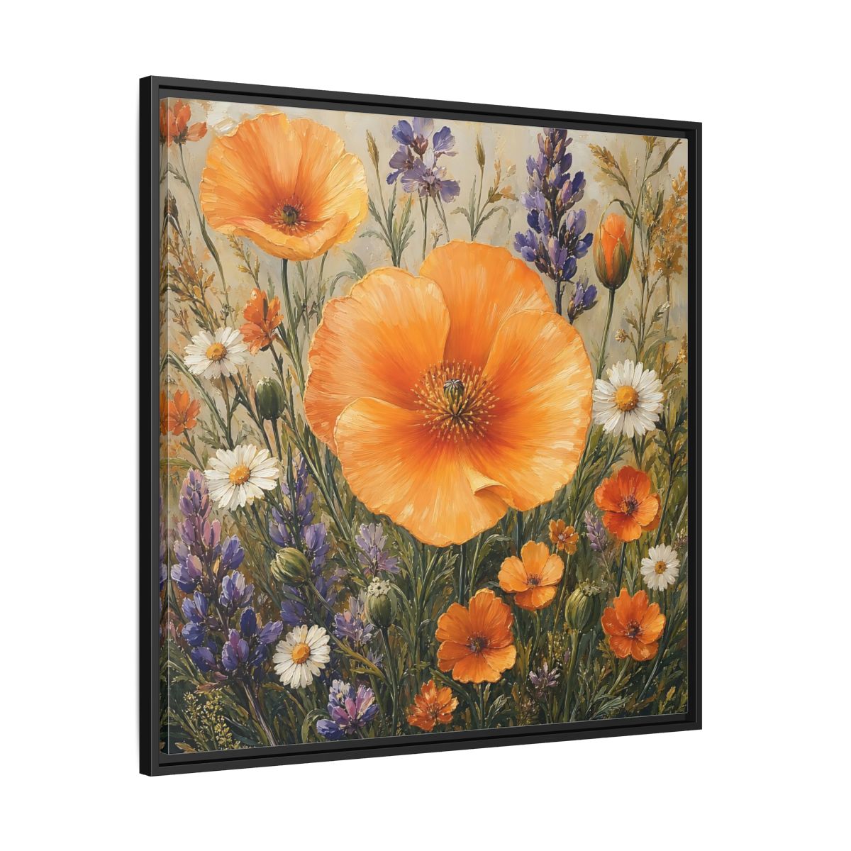 Side Mockup 30. Floral Orange Poppies Orange Floral Field shown as stretched canvas wall art