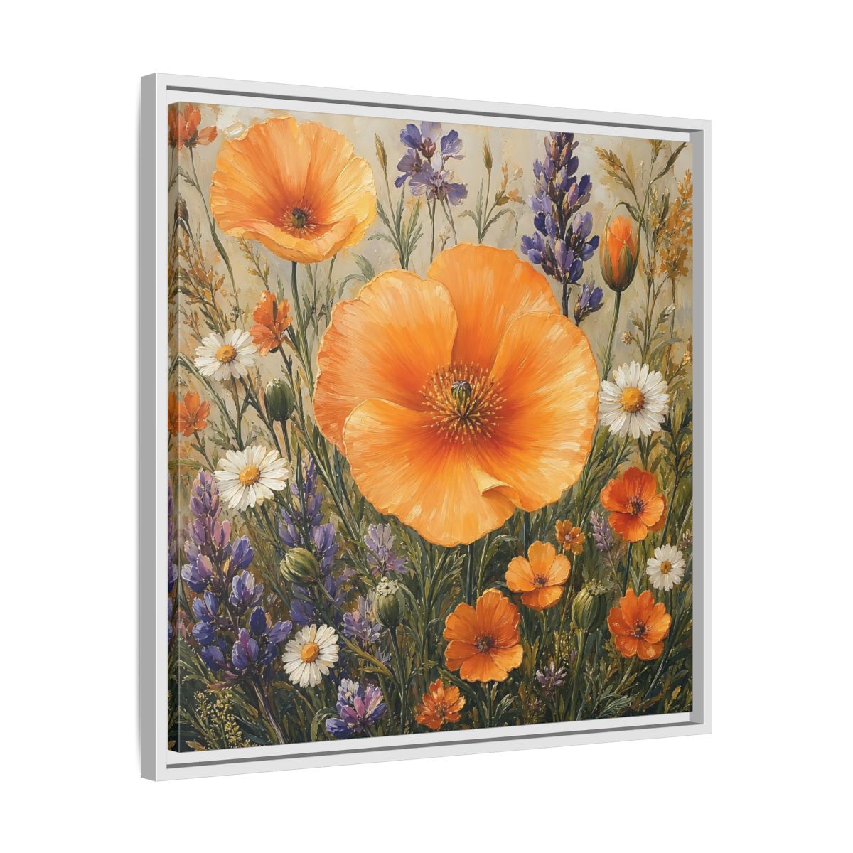 Side Mockup 26. Floral Orange Poppies Orange Floral Field shown as stretched canvas wall art