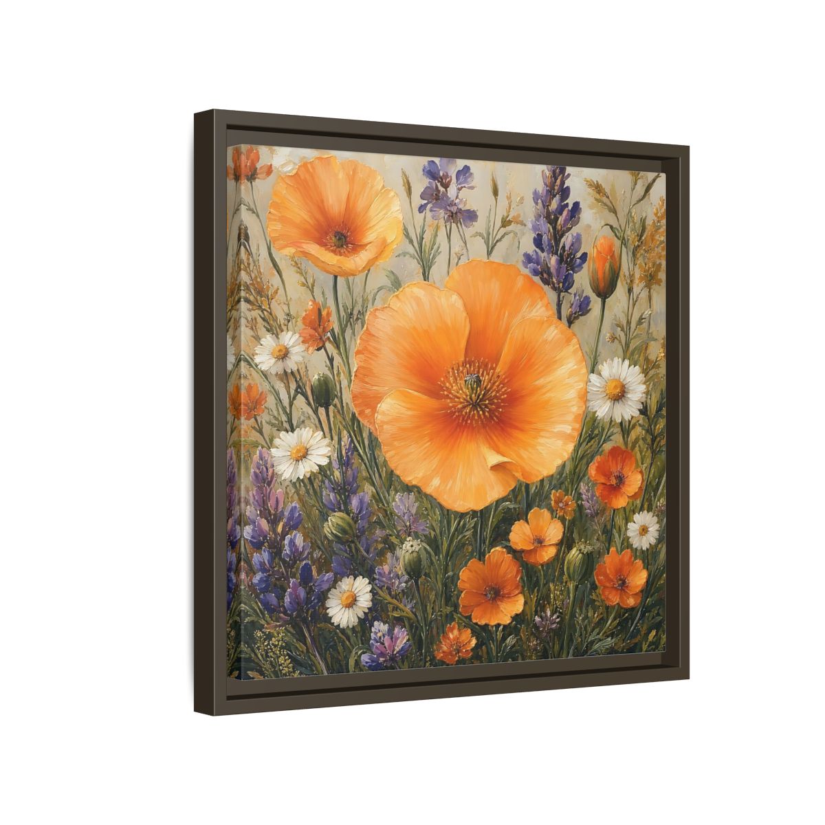 Side Mockup 14. Floral Orange Poppies Orange Floral Field shown as stretched canvas wall art