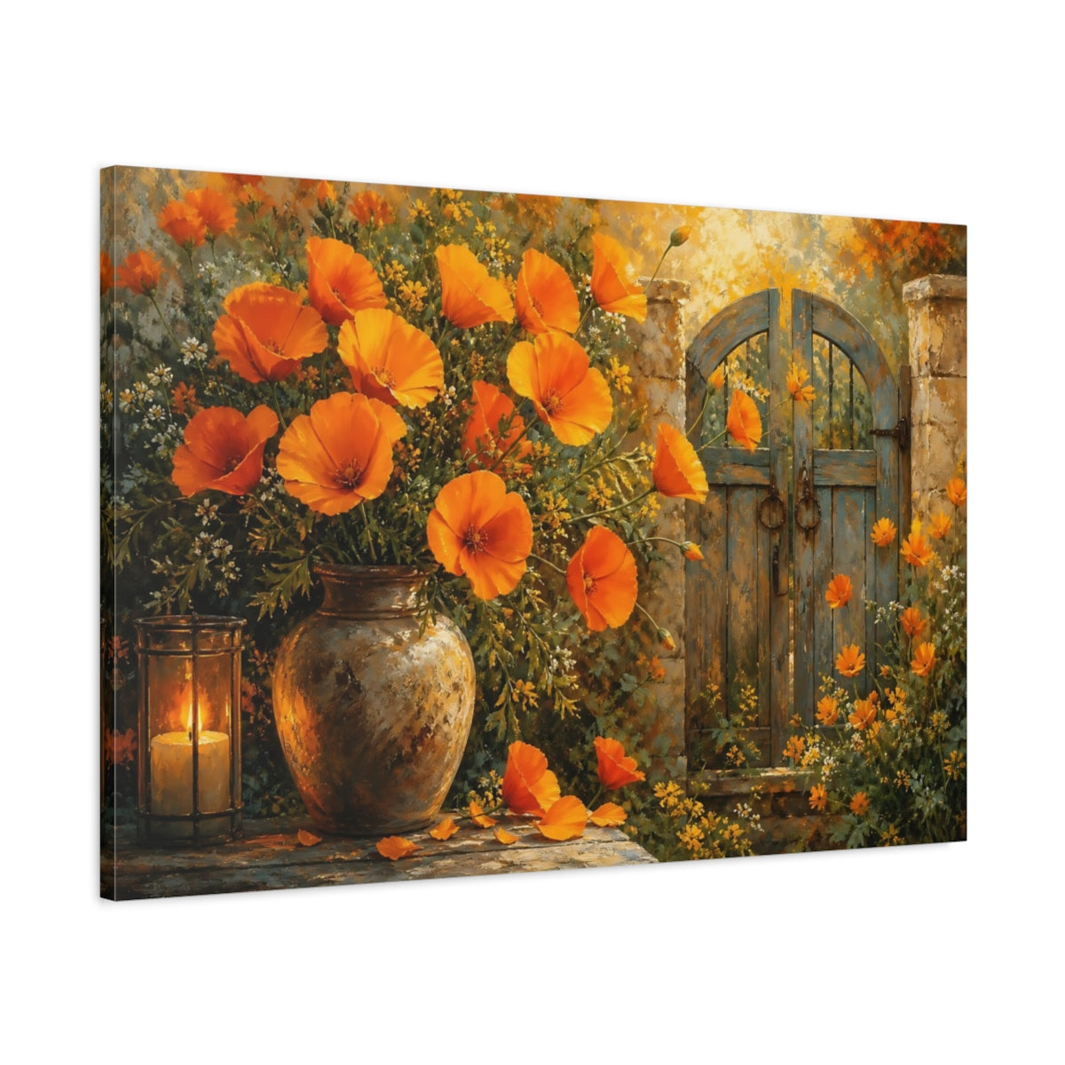 Main Mockup. Floral Orange Poppies Orange Floral shown as stretched canvas wall art
