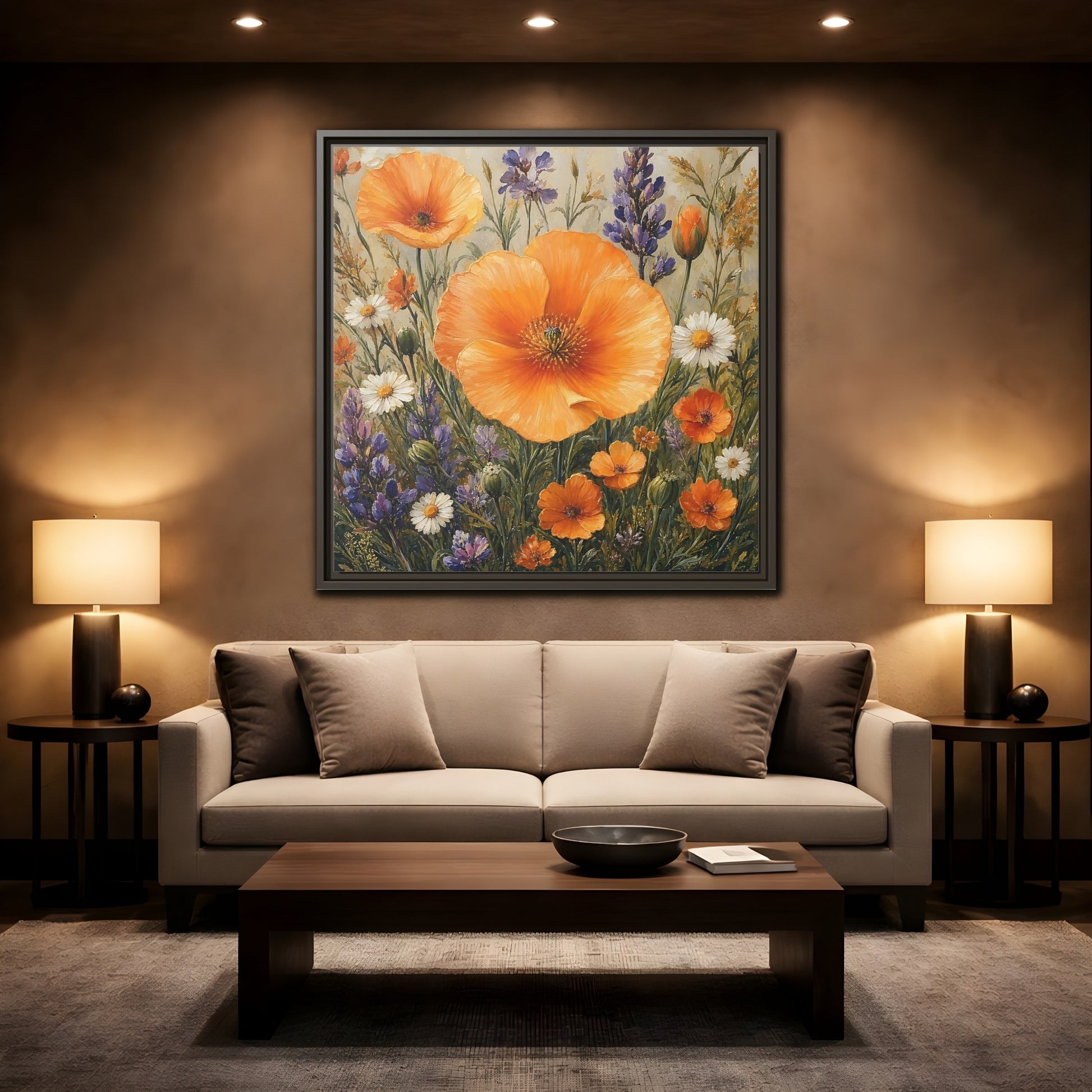 Mockup 2. Floral Orange Poppies Orange Floral Field shown as stretched canvas wall art