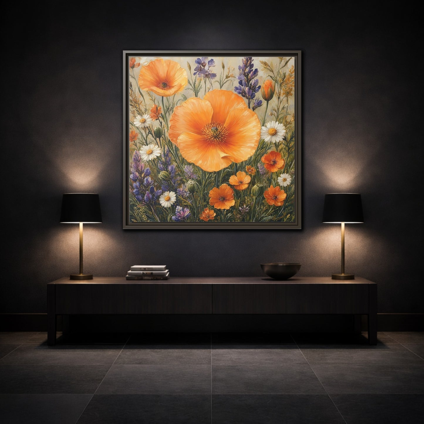 Mockup 3. Floral Orange Poppies Orange Floral Field shown as stretched canvas wall art