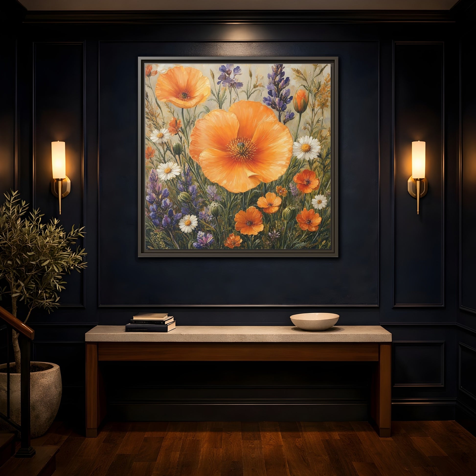 Mockup 4. Floral Orange Poppies Orange Floral Field shown as stretched canvas wall art