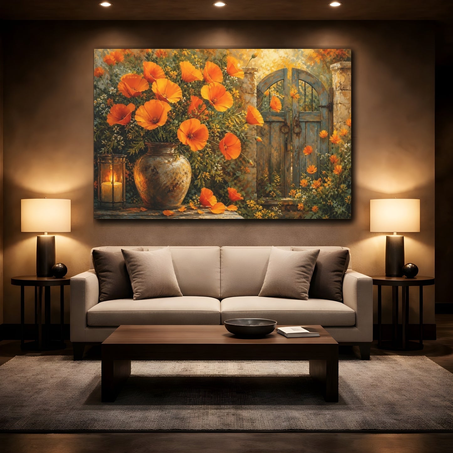 Mockup 2. Floral Orange Poppies Orange Floral shown as stretched canvas wall art