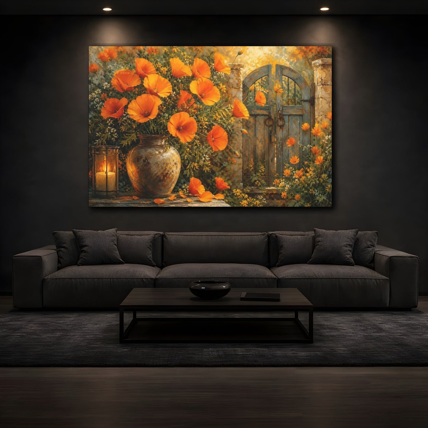 Mockup 3. Floral Orange Poppies Orange Floral shown as stretched canvas wall art