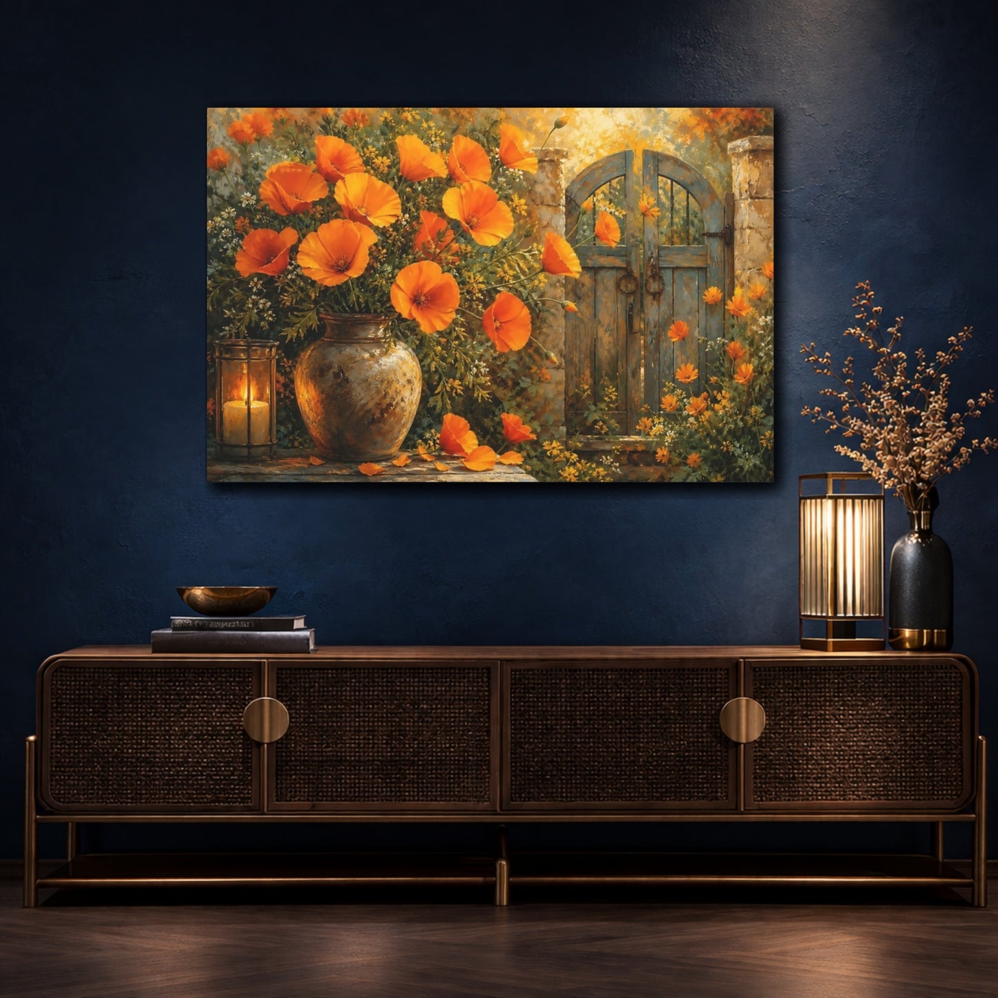 Mockup 4. Floral Orange Poppies Orange Floral shown as stretched canvas wall art