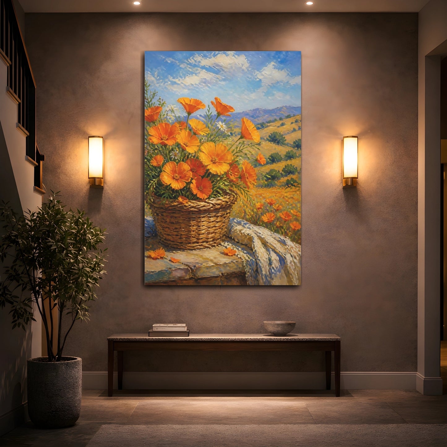 Mockup 2. Floral Orange Poppies Orange Poppies shown as stretched canvas wall art
