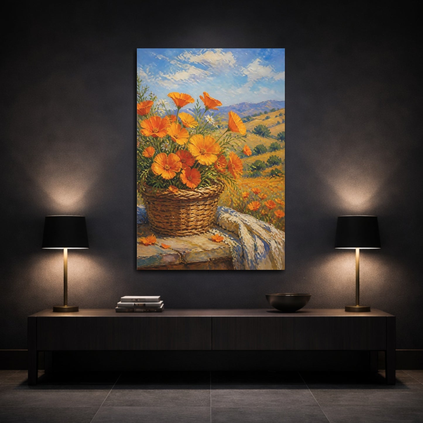 Mockup 3. Floral Orange Poppies Orange Poppies shown as stretched canvas wall art