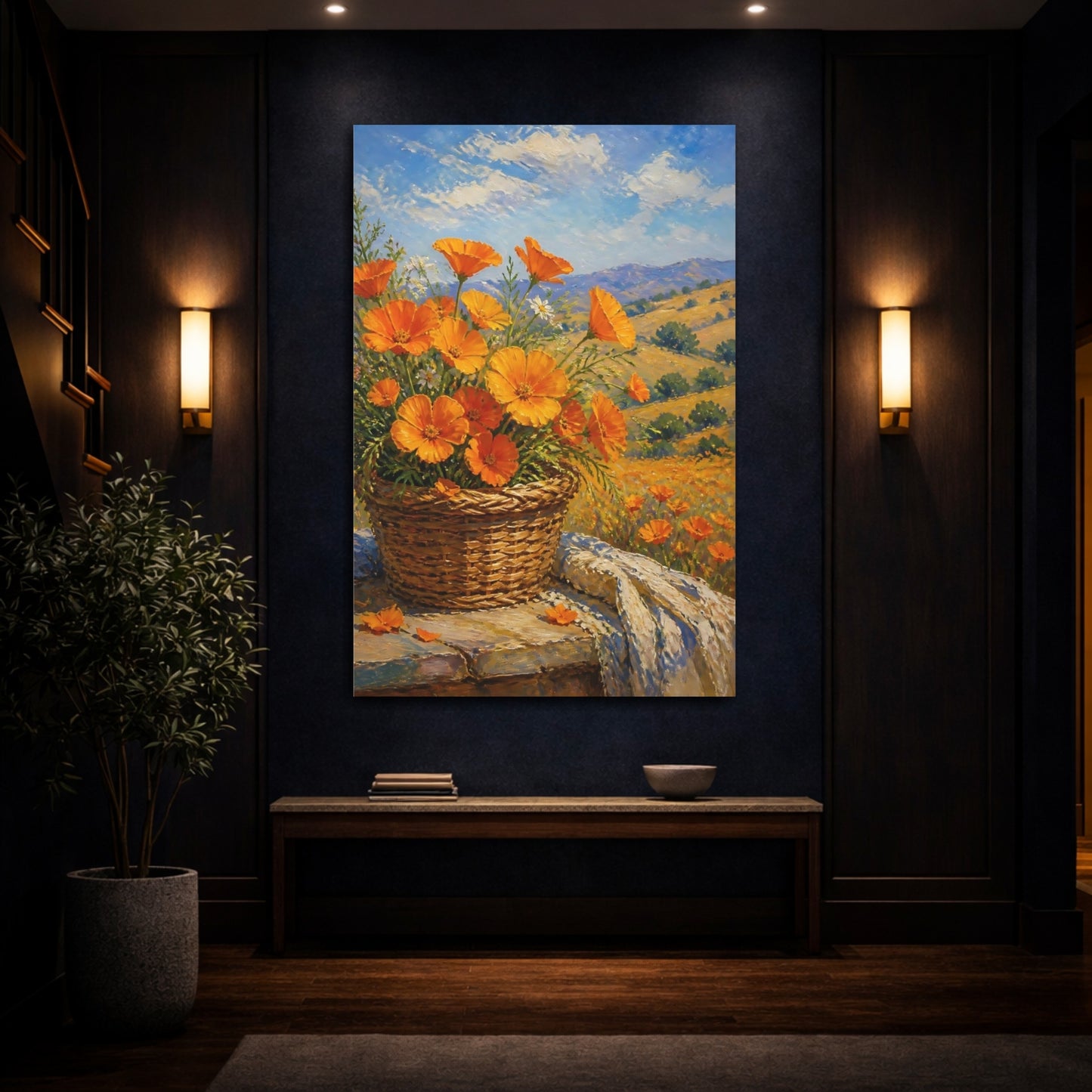 Mockup 4. Floral Orange Poppies Orange Poppies shown as stretched canvas wall art