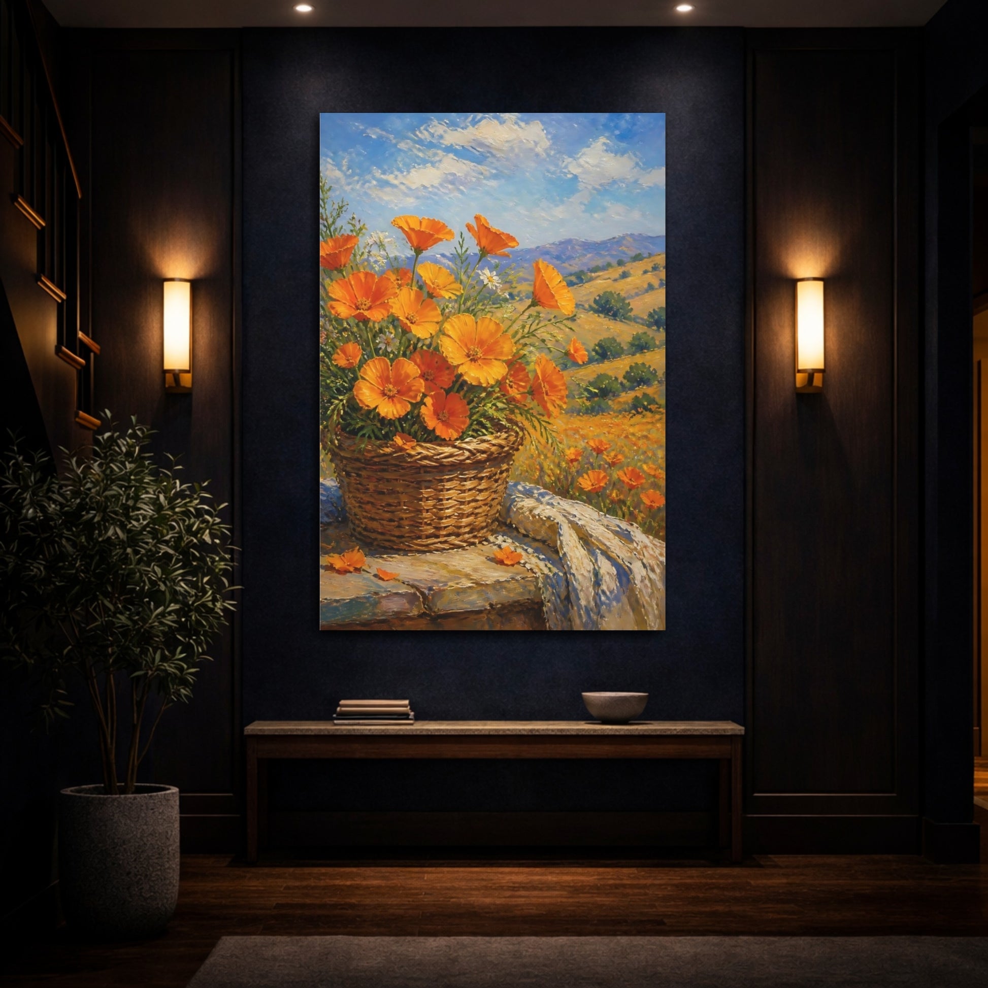 Mockup 4. Floral Orange Poppies Orange Poppies shown as stretched canvas wall art
