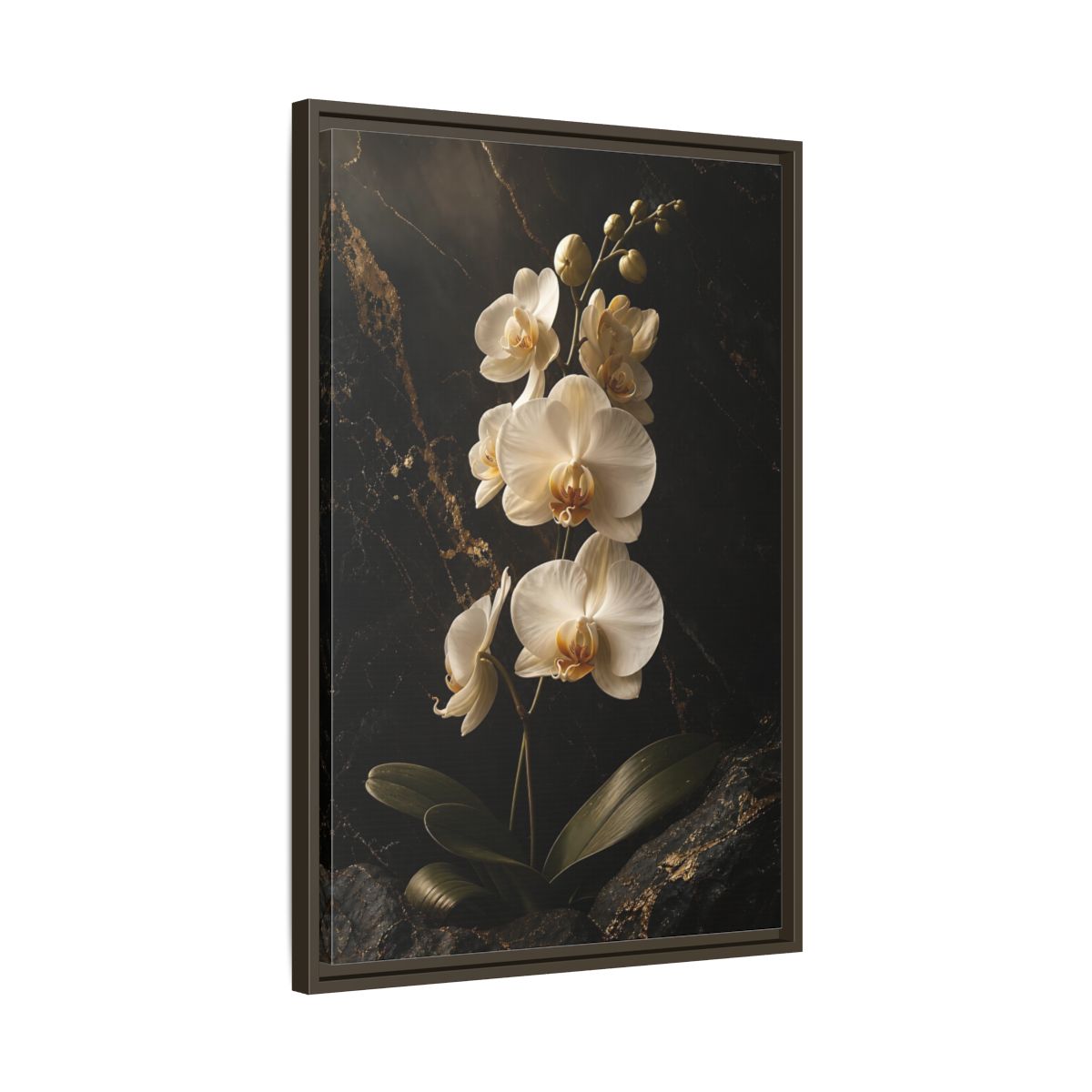 Side Mockup 11. Floral Orchid Flower Black And Gold Orchid shown as stretched canvas wall art