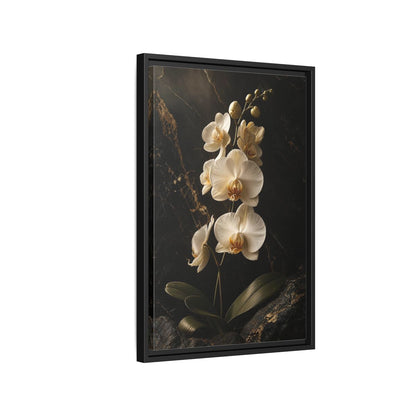 Side Mockup 3. Floral Orchid Flower Black And Gold Orchid shown as stretched canvas wall art