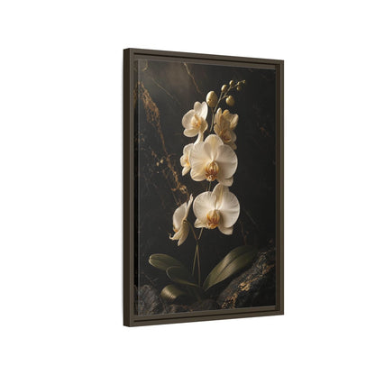 Side Mockup 2. Floral Orchid Flower Black And Gold Orchid shown as stretched canvas wall art