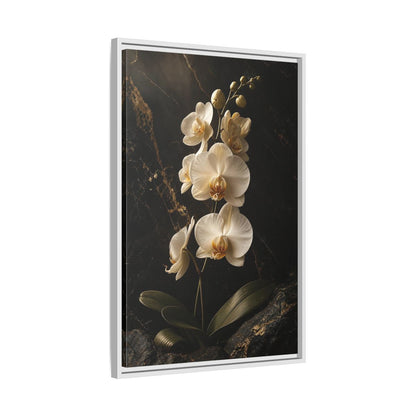 Side Mockup 10. Floral Orchid Flower Black And Gold Orchid shown as stretched canvas wall art