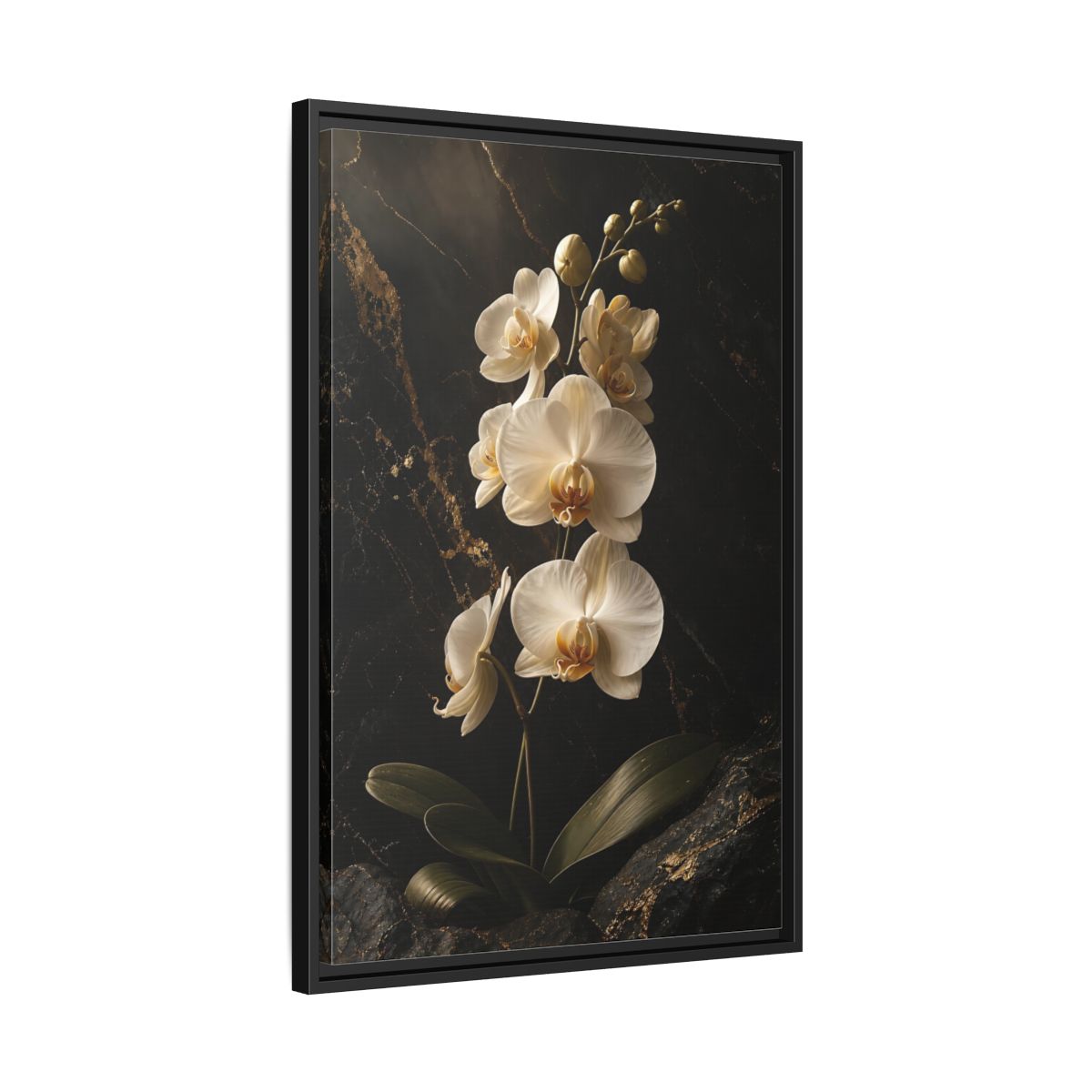 Side Mockup 14. Floral Orchid Flower Black And Gold Orchid shown as stretched canvas wall art