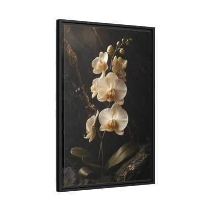 Side Mockup 14. Floral Orchid Flower Black And Gold Orchid shown as stretched canvas wall art