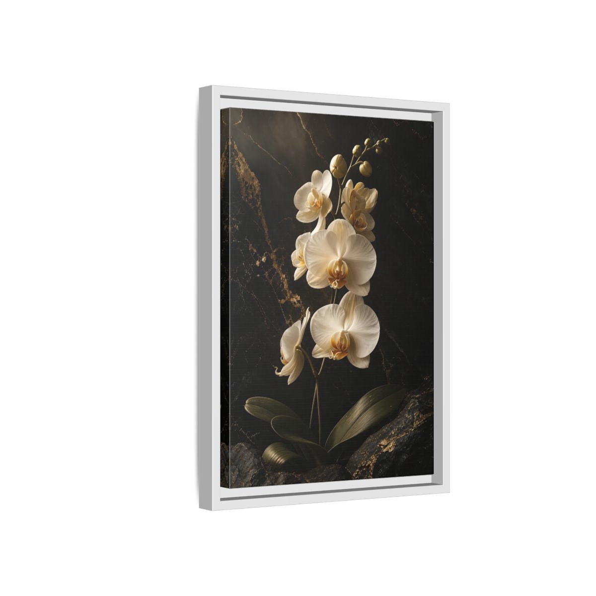 Side Mockup 4. Floral Orchid Flower Black And Gold Orchid shown as stretched canvas wall art