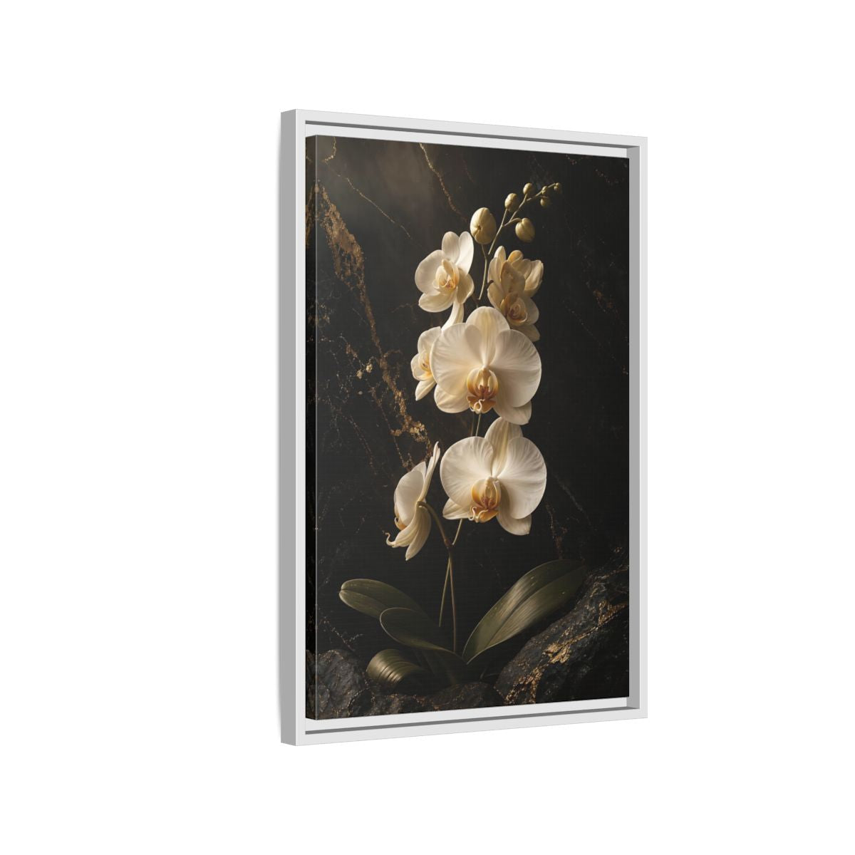 Side Mockup 1. Floral Orchid Flower Black And Gold Orchid shown as stretched canvas wall art