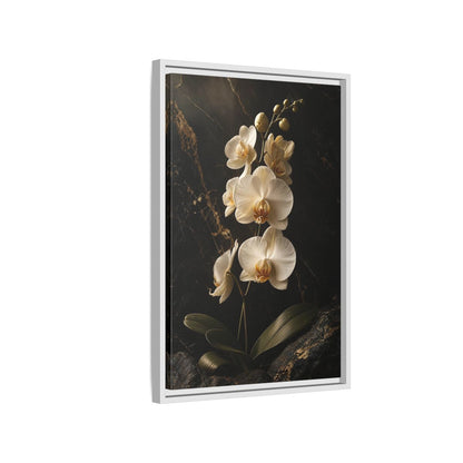 Side Mockup 1. Floral Orchid Flower Black And Gold Orchid shown as stretched canvas wall art