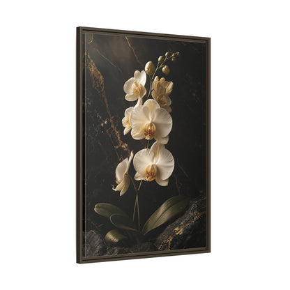 Main Mockup. Floral Orchid Flower Black And Gold Orchid shown as stretched canvas wall art
