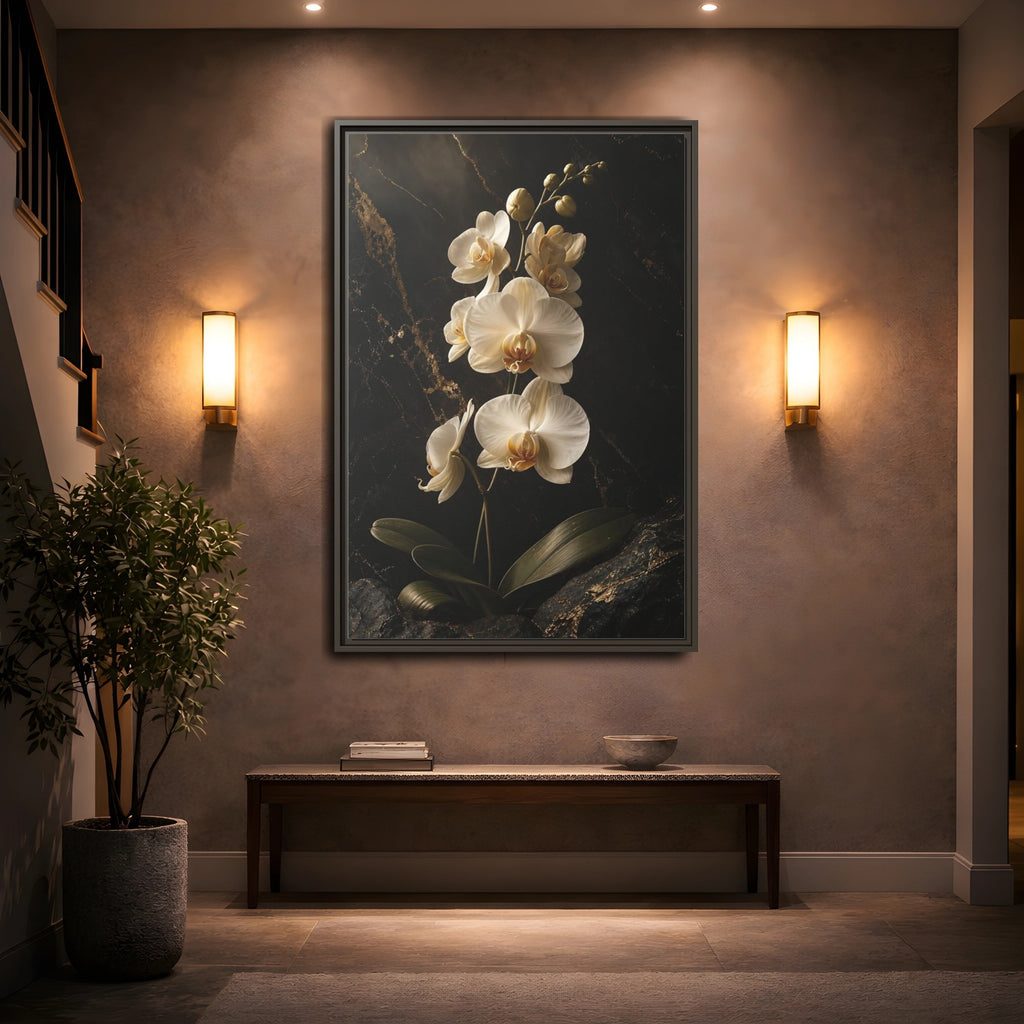 Mockup 2. Floral Orchid Flower Black And Gold Orchid shown as stretched canvas wall art